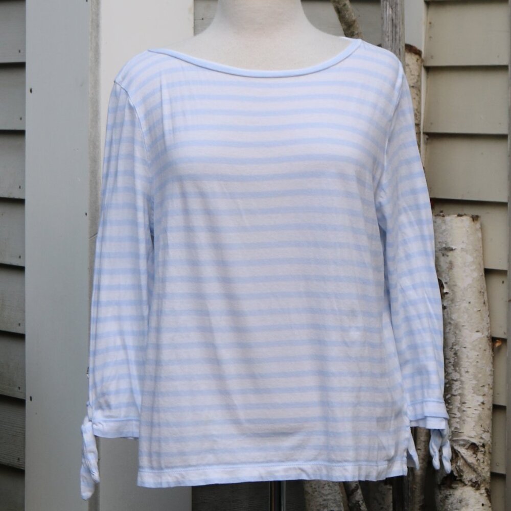 J Crew Periwinkle Blue White Stripe Round Neck Tie Cuff Cotton Tee Sz LARGE